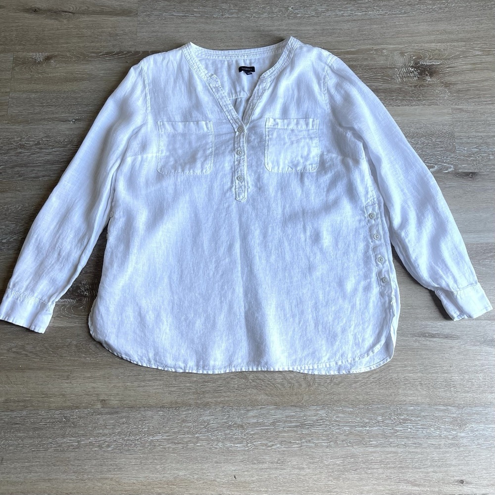 Talbots Women's White Linen Camp Shirt Large Tunic Side Buttons Pockets